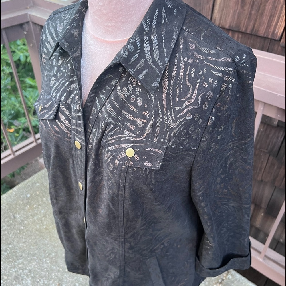 π΅ JM Collection Leopard print(metallic) black top jacket snap comfy shacket L - Picture 4 of 16